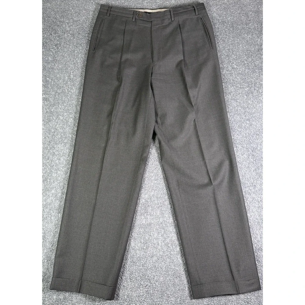 Canali Dress Pants Mens 34x30 Gray 100% Wool Cuffed Pleated Trousers Italy Made